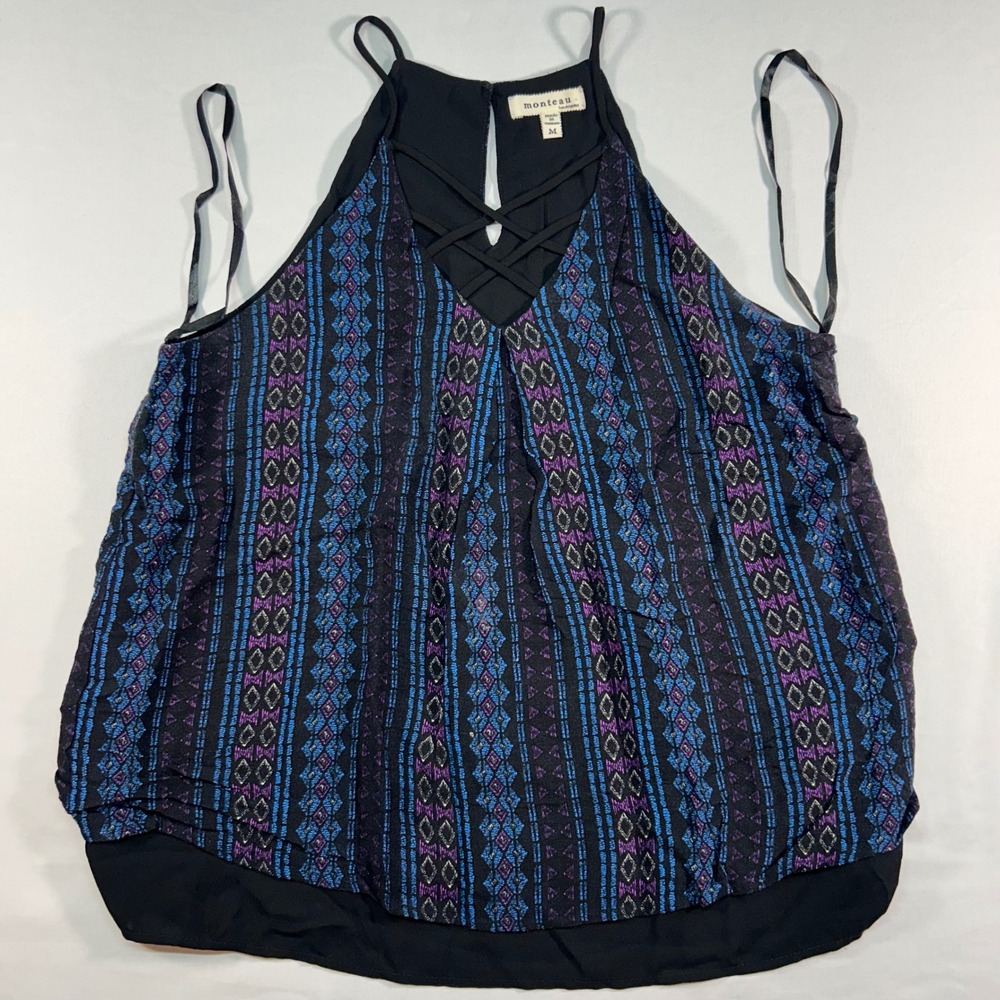 Monteau Los Angeles‎ Womens Medium Blue Purple Tribal Geometric Halter Tank Top